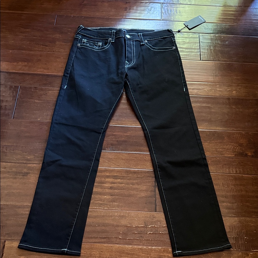 NWT TRUE RELIGION RICKY Men's Black Jeans, contrast stitching,no flap, 36 x32